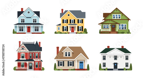 Set of vector illustrations of classic American houses in various architectural styles, ideal for real estate design, home construction, neighborhood planning, and property marketing projects