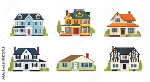 Set of vector illustrations of classic American houses in various architectural styles, ideal for real estate design, home construction, neighborhood planning, and property marketing projects