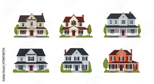 Set of vector illustrations of classic American houses in various architectural styles, ideal for real estate design, home construction, neighborhood planning, and property marketing projects