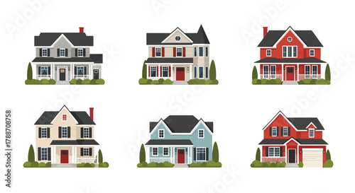 Set of vector illustrations of classic American houses in various architectural styles, ideal for real estate design, home construction, neighborhood planning, and property marketing projects