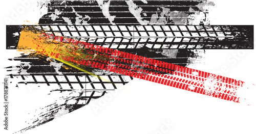 Dynamic background with distressed tire threads and asphalt texture,perfect for speed-themed creative project. Banner with grunge pattern and tire tracks, useful for transport and off-road posters