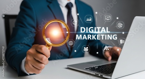 Wallpaper Mural A businessman in a suit examines digital marketing data through a magnifying glass, showcasing a professional and analytical approach. Torontodigital.ca