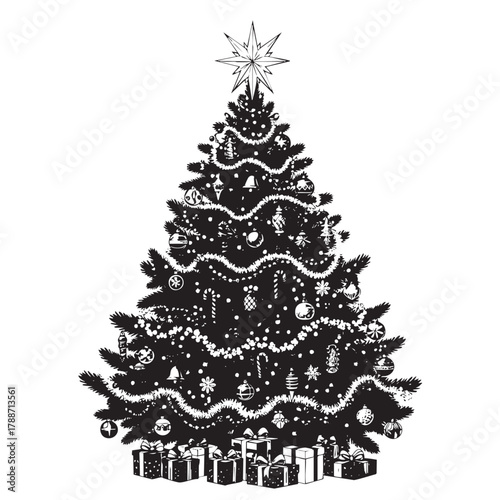 Black and white illustration of a decorated Christmas tree with presents underneath and a star on top