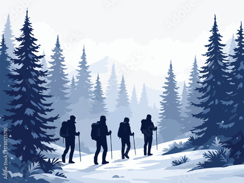 Group trekking in winter forest landscape with snow and pine trees