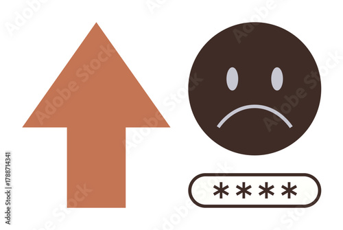 Orange upward arrow, sad face with password field below, indicating growing frustration in managing passwords. Ideal for technology, security, frustration, login issues, error messages, digital