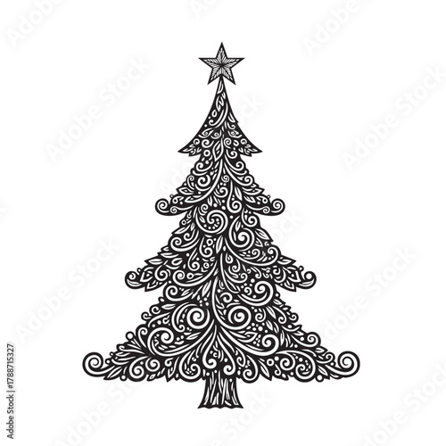 Black and white ornate Christmas tree with star topper and swirling decorative patterns swirling patterns