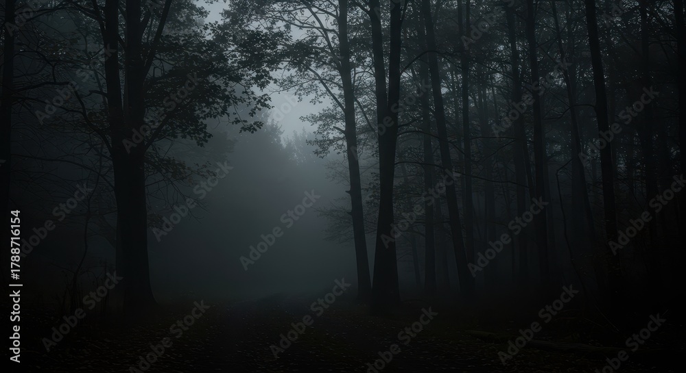 Fototapeta premium Dark, spooky woods shrouded in thick, silent mist under a sliver of pale moonlight, emphasizing the quiet, mysterious nature of the wilderness ,silent ,moonlit ,wilderness