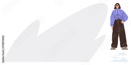 Woman standing in loose dark pants, a blue hoodie, and sunglasses over abstract background. Ideal for fashion, confidence, individuality, creativity, minimalism, modern lifestyle simple flat