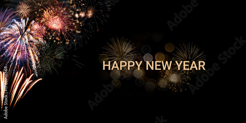 Fireworks and decorative circle bokeh for New Year card