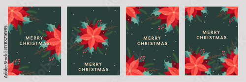 Merry Christmas vector card set in hand-drawn vintage style featuring poinsettia, holly berries, fir branches, snowflakes, and festive typography.Flat Xmas illustration for posters, covers,and banners