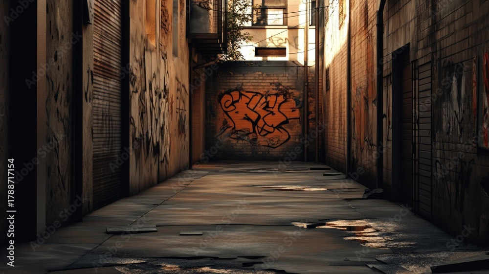 Naklejka premium Narrow alley with graffiti art and closed doors creating a mysterious and urban atmosphere
