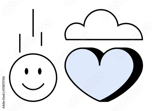 Happy face, heart, and cloud illustrated in a minimal style, emphasizing positivity and calm. Ideal for happiness, love, self-care, mindfulness, emotional well-being optimism simple flat metaphor