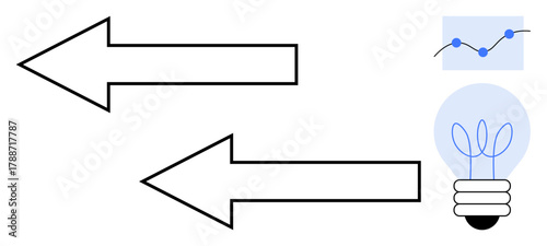 Two opposing arrows representing choices light bulb symbolizing innovation and ideas small graph suggesting data ideal for business, strategy, innovation, planning, data, growth, simple flat metaphor