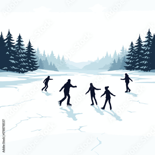 Winter ice skating vector illustration of outdoor activity in snow landscape