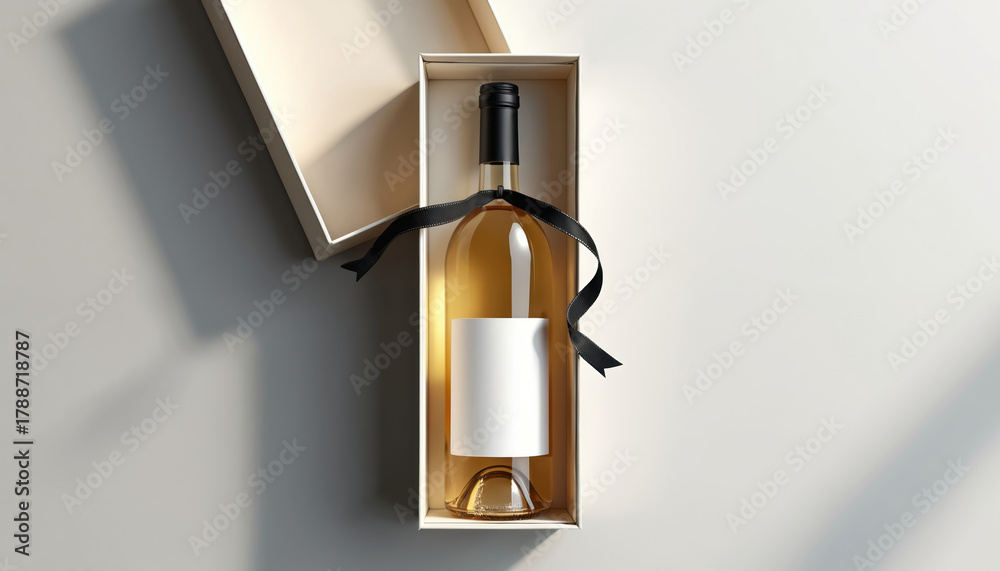 Fototapeta premium Elegant wine bottle with blank label in gift box. Black ribbon tied around neck. Minimalist gold branding details, subtle Black Friday sale tag.