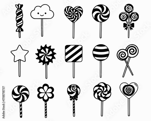 set of lollipops.Candy icons pack vectors in black flat and strokes