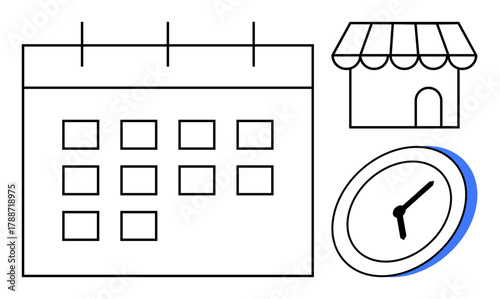Calendar with grid, clock with hands, and storefront outline reflect scheduling, time tracking, business planning, teamwork, productivity, retail management and deadlines. Ideal for simple flat