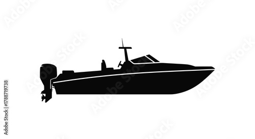 Motorboat silhouette with outboard motor, recreational vessel icon