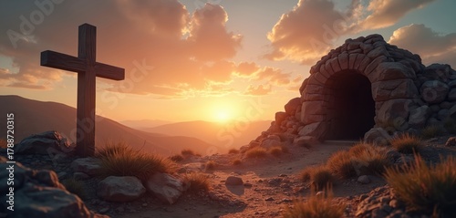 Wooden cross stands near open tomb entrance on rocky hill at sunrise. Sun rays illuminate cloudy sky over mountains. Hope and resurrection theme. Christian faith and new beginning.