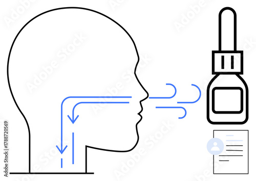 Human profile with airways and airflow arrows, nasal spray for treatment, and document representation. Ideal for healthcare, medicine, respiration, anatomy education, nasal treatment, wellness