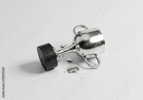 A generic silver trophy, broken and discarded, lying flat on a pristine white surface, symbolizing failure and defeat, error, unsuccessful, broken dreams