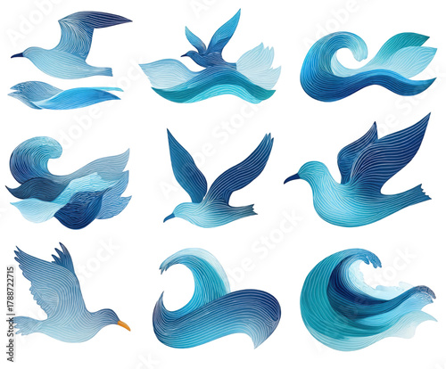 Artistic watercolor illustrations of seagulls and sea waves isolated.