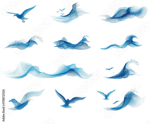 Set of artistic watercolor illustrations of ocean waves and flying seagulls.