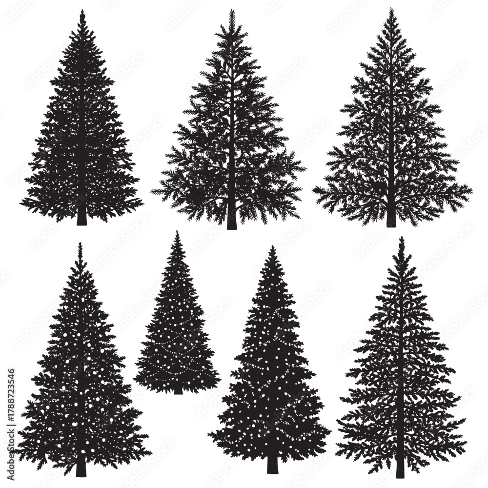Obraz premium Black silhouette Christmas trees with and without lights on white background pine tree fir tree