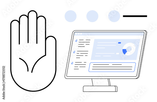 Raised hand beside desktop screen displaying charts and text elements. Ideal for privacy, security, analytics, protection, data management, user interface, consent themes. Simple flat metaphor