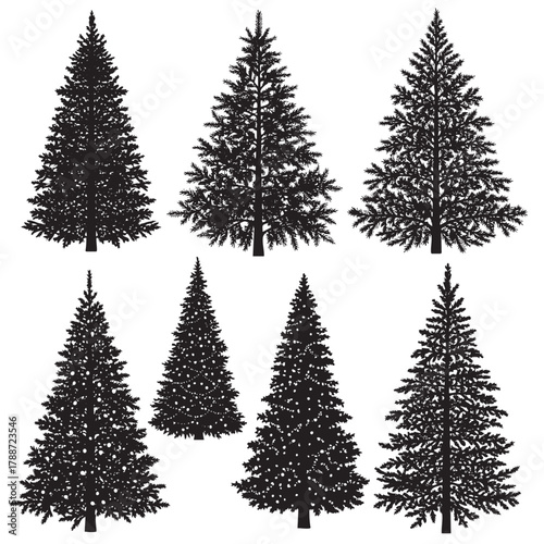 Black silhouette Christmas trees with and without lights on white background pine tree fir tree