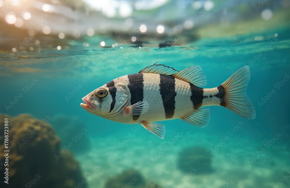 Obraz premium Striped fish swims in clear blue water near coral reef. Underwater scene shows aquatic life and marine environment. The animal has black bands on its body.