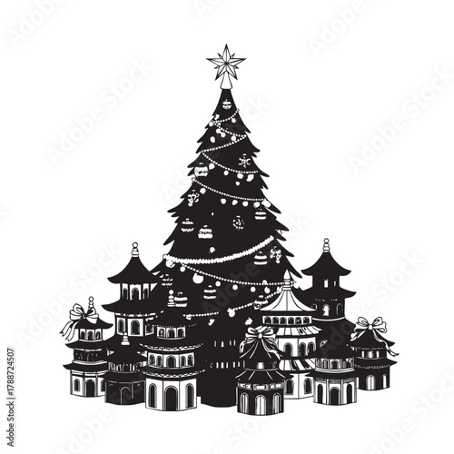 Black silhouette of a Christmas tree decorated with ornaments and surrounded by pagodas black and white