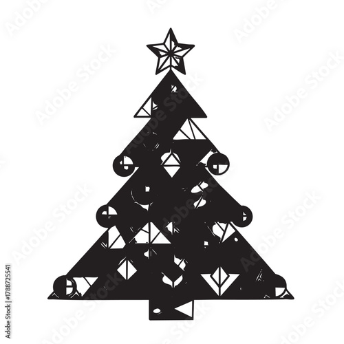 Black silhouette of a Christmas tree with geometric ornaments and star topper on white background