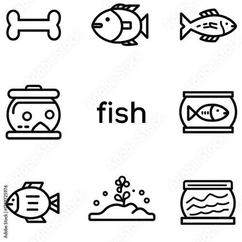 Fish and pet aquarium supplies simple line icon set.