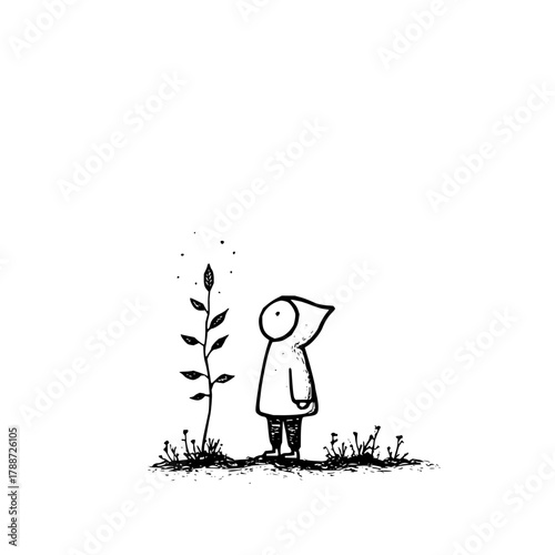 A whimsical drawing of a hooded figure gazing at a small plant with leaves in a grassy field scene