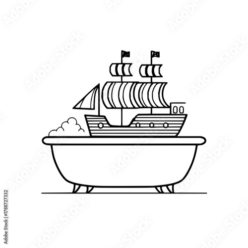 A line drawing of a ship with sails and flags floating in a bathtub with bubbles on a white background