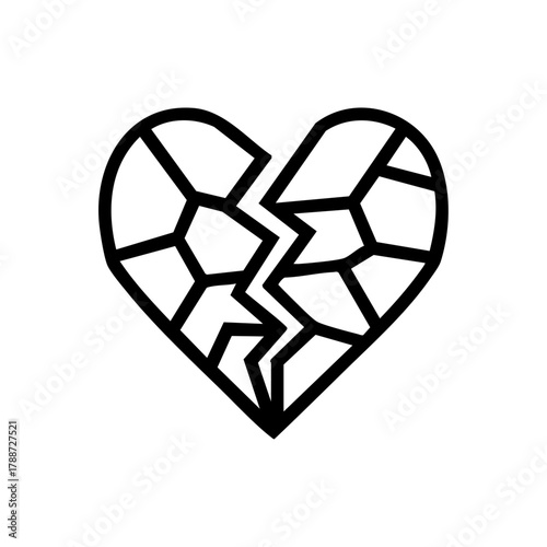 Broken geometric heart symbol representing heartbreak, emotional pain, or lost love in a stylized fragmented design.