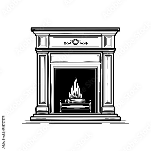 Detailed fireplace with a burning log, symbolizing warmth, comfort, relaxation, and home coziness.