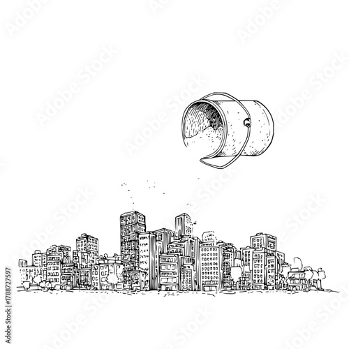 Illustration of a bucket pouring over a city skyline with buildings and trees in monochrome style art work
