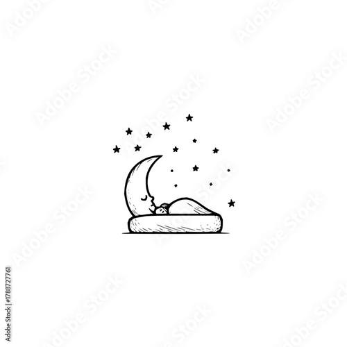 Illustration of a sleeping person with a moon pillow and stars floating above on white background