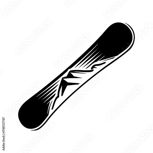 Snowboard with mountain pattern representing extreme winter sports, adventure, and snow lifestyle.