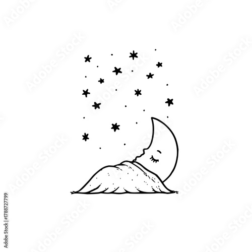 Sleeping moon under a blanket with stars falling in a monochrome hand drawn illustration style image