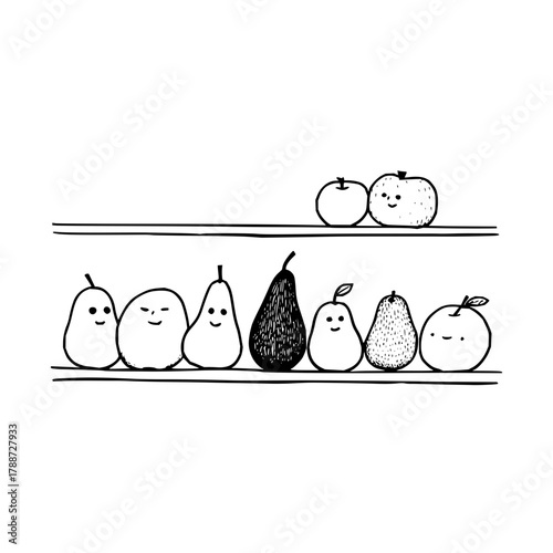 A whimsical sketch of pears and apples on shelves with cute faces in black and white artwork style