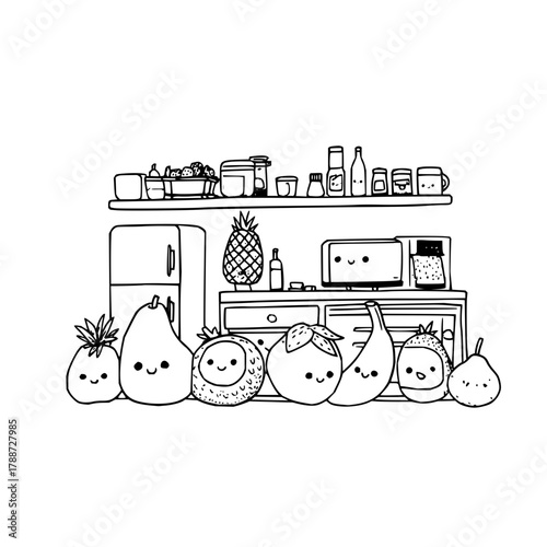 Illustration of a kitchen scene with various fruits and kitchenware in a cartoon style design