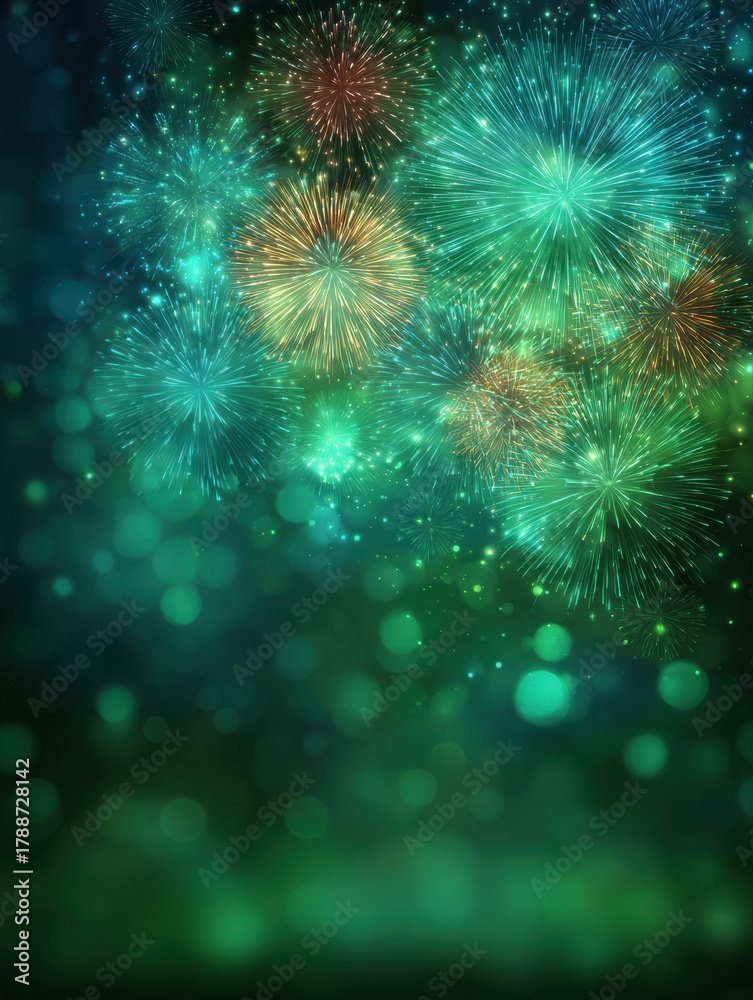 Fototapeta premium Vibrant New Year Celebration 2026 With Colorful Fireworks Bursting in Emerald Green Night Sky