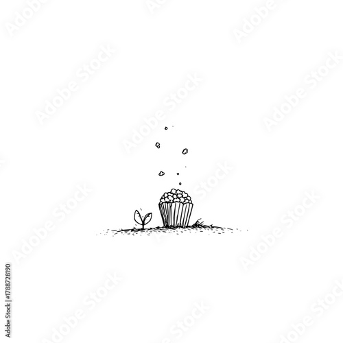 Illustration of a cupcake with sprinkles and a small plant on a ground with scattered dots above it