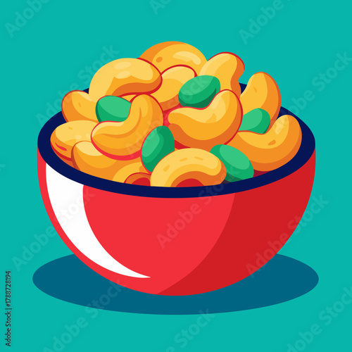 A vibrant bowl of cashews and pistachios on a teal background
