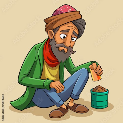 Cartoon beggar sitting with a sad expression and holding a coin in his hand