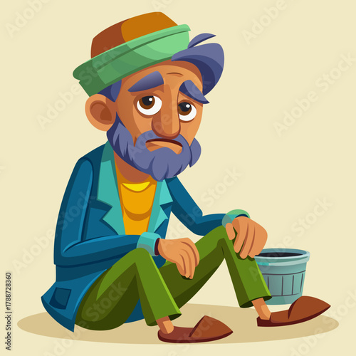 Cartoon beggar sitting on the ground with a sad expression on his face