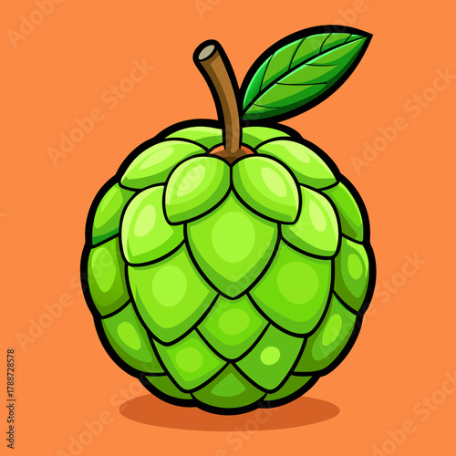 Illustration of a light green custard apple with a leaf on an orange background